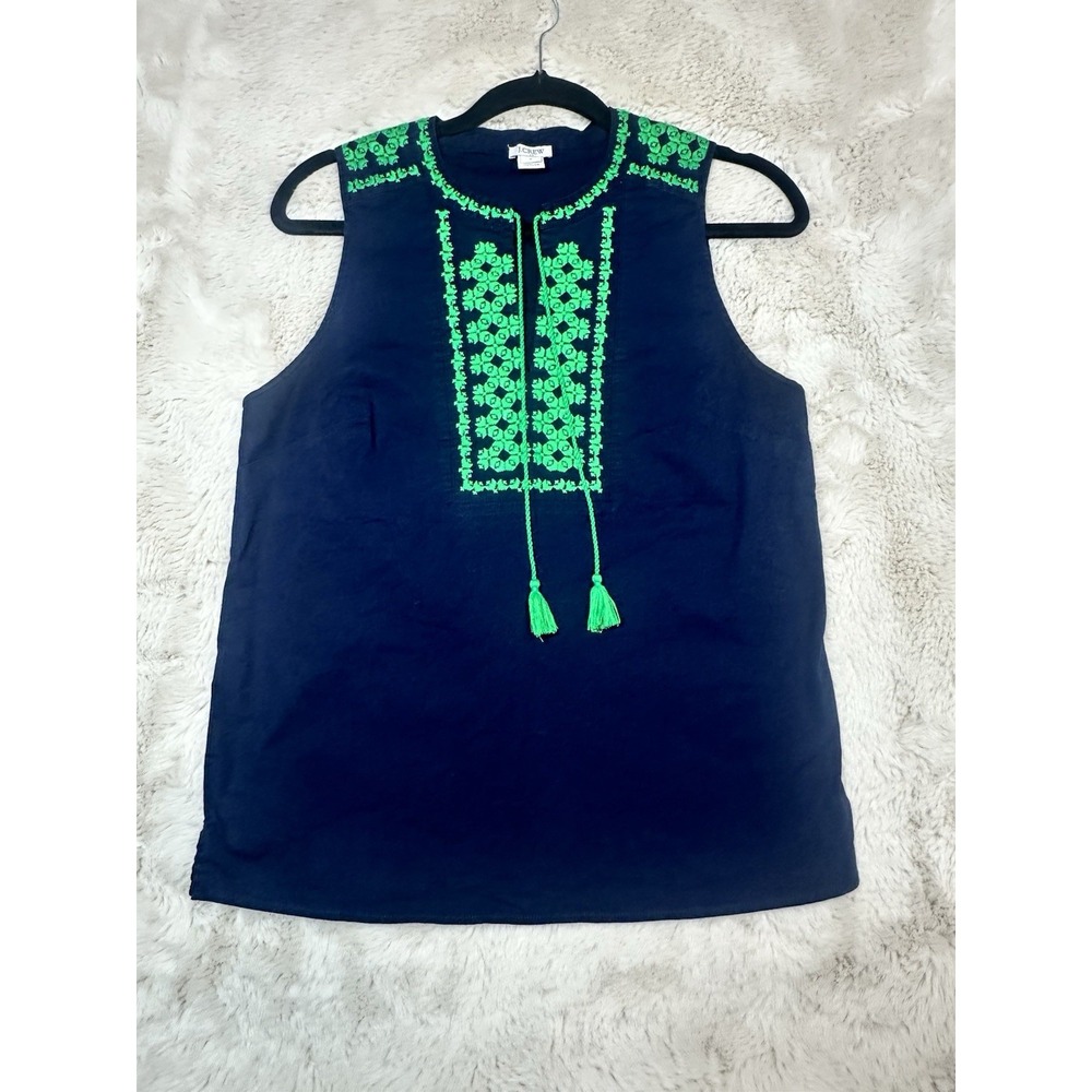 J Crew Tank Womens 8 Navy Green‎ Embroidered Bib Tassel Keyhole Sleeveless Top